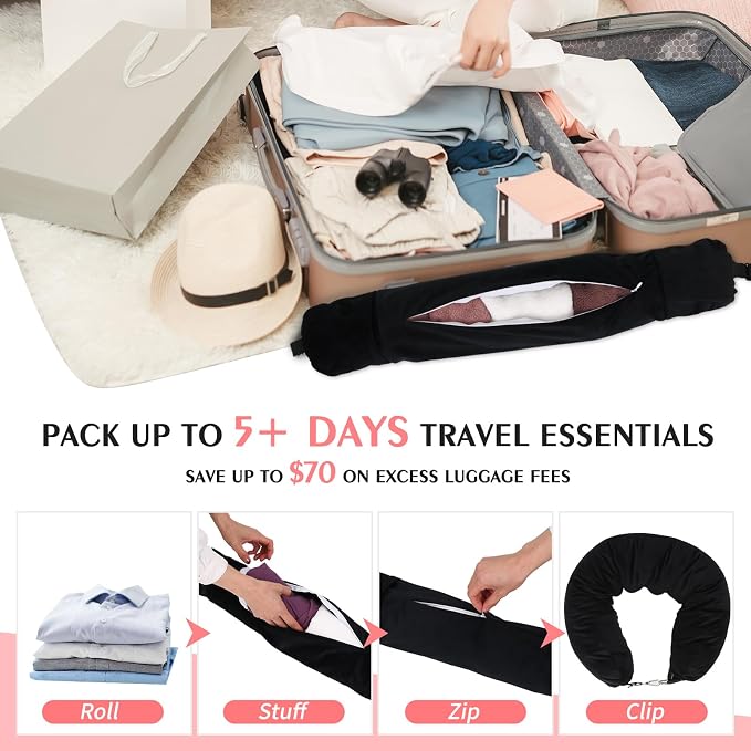 Stuffable Neck Pillow for Travel, Packable Neck Pillow (Black) | Velvet cover, Stuff with clothes to save luggage space, No extra baggage fees, Fits 5+ days travel essentials, Zipper closure - Image 2