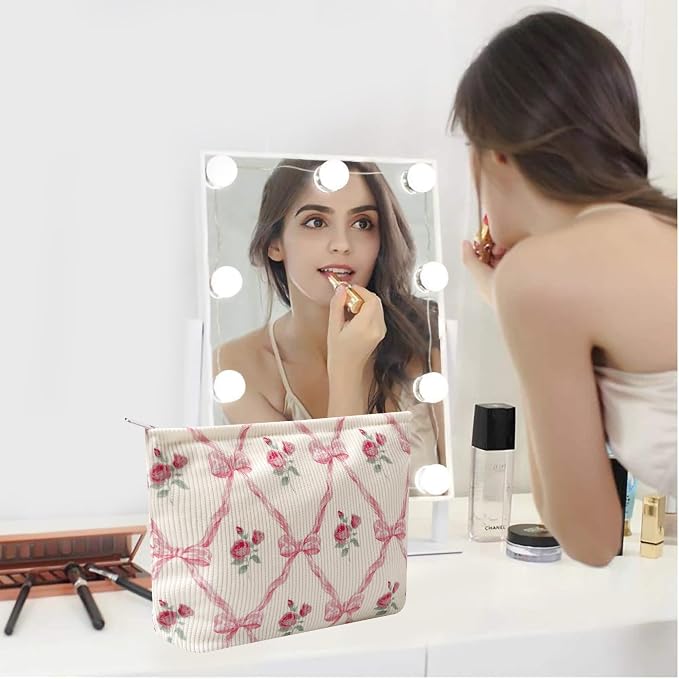 Cosmetic Bags for Women - Corduroy Cosmetic Bag Aesthetic Women Handbags Purses Smile Dots Makeup Organizer Storage Makeup Bag Girls Case Bags (Flowers-Apis) - Image 7