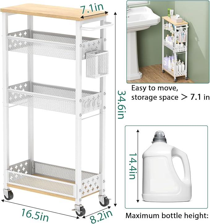 XYZLVSI Slim Rolling Storage Cart, 4 Tier Narrow Shelf for Small Spaces | Skinny rolling cart 14.4" bottom shelf, wire basket, hooks, ideal for kitchen/bathroom/dorm, between washer and dryer storage - Image 4