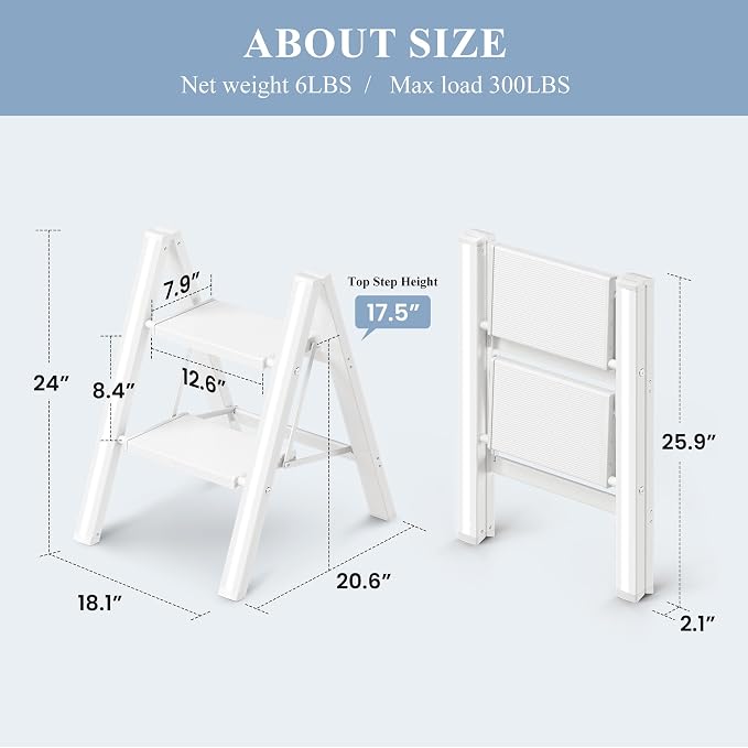 2 Step Ladder, Foldable Aluminum Step Stool with Anti-Slip Pedal | Lightweight yet Sturdy, Portable, Non Slip Feet, 300Lbs Capacity, Elegant Look, for Kitchen, Closet, Pantry, White - Image 6