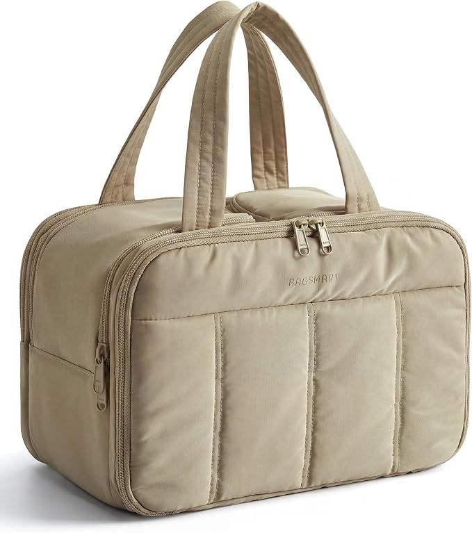 BAGSMART Travel Toiletry Bag, Puffy Large Toiletry Bag for Women, Lightweight Cosmetic Makeup Bag Organizer with Handle for Traveling, Accessories, Essentials, Toiletries (Grayish Brown) by BAGSMART
