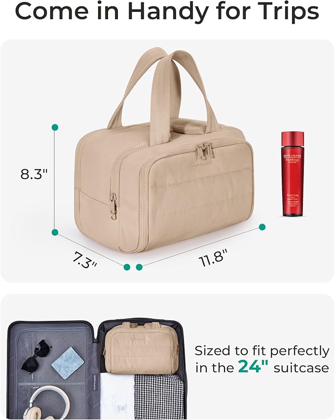 BAGSMART Travel Toiletry Bag, Puffy Toiletry Bag for Women, Wide-open toiletry bags for traveling, Large Travel Cosmetic Makeup Bag Organizer for Accessories,Toiletrie (Khaki) - Image 3