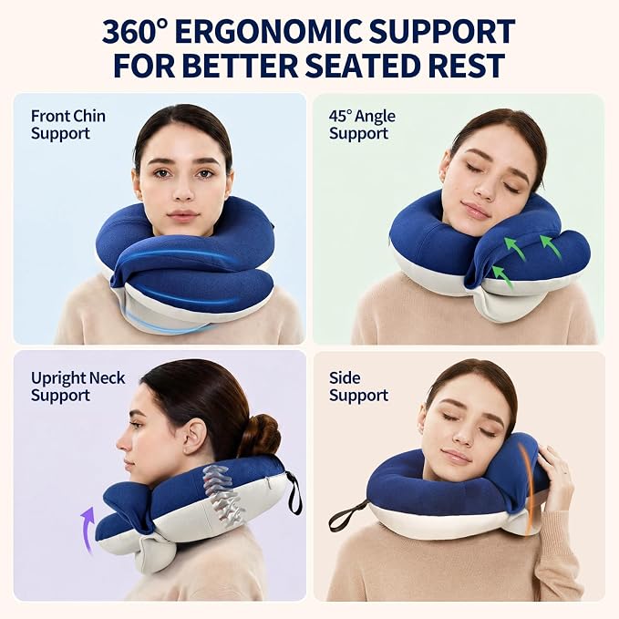 Travel Neck Pillows for Airplanes, Memory Foam 360° Head Support Sleep for Long Flight, Skin-Friendly & Breathable, Kit with Eye Mask, Earplugs and Storage Bag (Adult, Navy, 90+ lbs) - Image 2