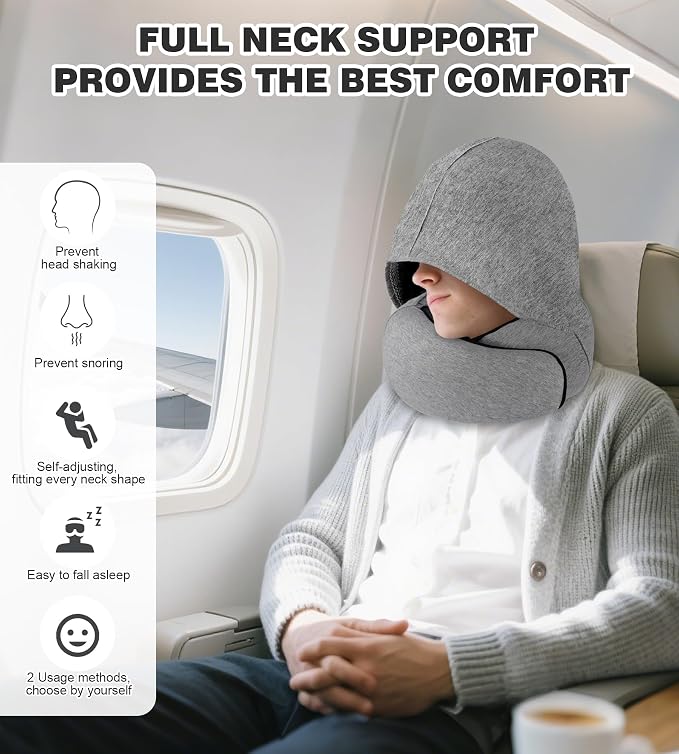 Travel Neck Pillow, Newly Upgraded Hooded Neck Pillow , 100% Pure Memory Foam Travel Pillow for Flight Headrest Sleep,Portable Aircraft Accessory,Suitable for use in Plane/Car/Office(Light grey) - Image 6