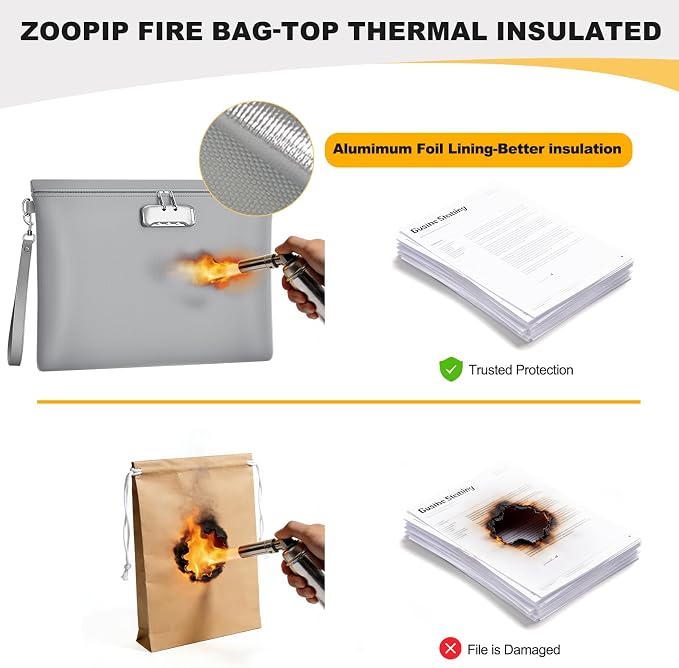 5200℉ Fireproof Document Bag with Lock,Money Pouch,14.3"x10.2" | Waterproof,Zipper Closure, Portable Safe Storage for Letter Size Files, Cash, Cell Phone, Tablet, Credit Card, Passport, Gray - Image 6