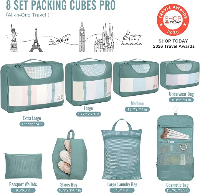 Veken 8 Set Packing Cubes for Travel Essentials,Anti-Wrinkle Buckled Suitcase Organizer for Shoe & Toiletry Bag,Carry On Luggage Bag with 99+ Count Mesh Holes for Airplane & College Dorm Accessories - Image 2