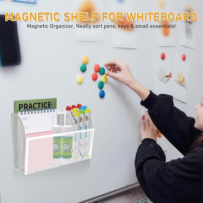 Magnetic Pencil Holder Magnetic Shelf for the Whiteboard 3-Grid Mesh Magnetic Pen Holder for Refrigerator Magnetic Organizer Locker Accessories Organizer for Office (White) - Image 2
