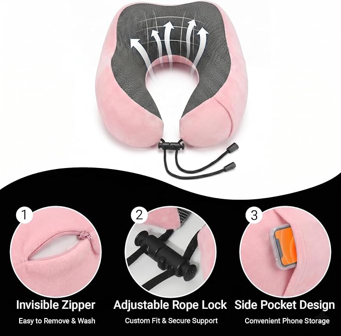 Travel Neck Pillow, 100% Memory Foam, U-Shaped with Storage Box, Pink | 100% memory foam with 360-degree support & adjustable buckle. Compact storage box. Machine washable cover. Fits all necks. - Image 2