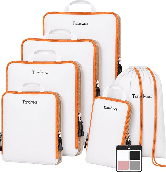 6 Set Large Compression Packing Cubes for travel. | Durable, Expandable and Lightweight Packing Cubes for Travel Compression with Laundry bag, White by Unknown