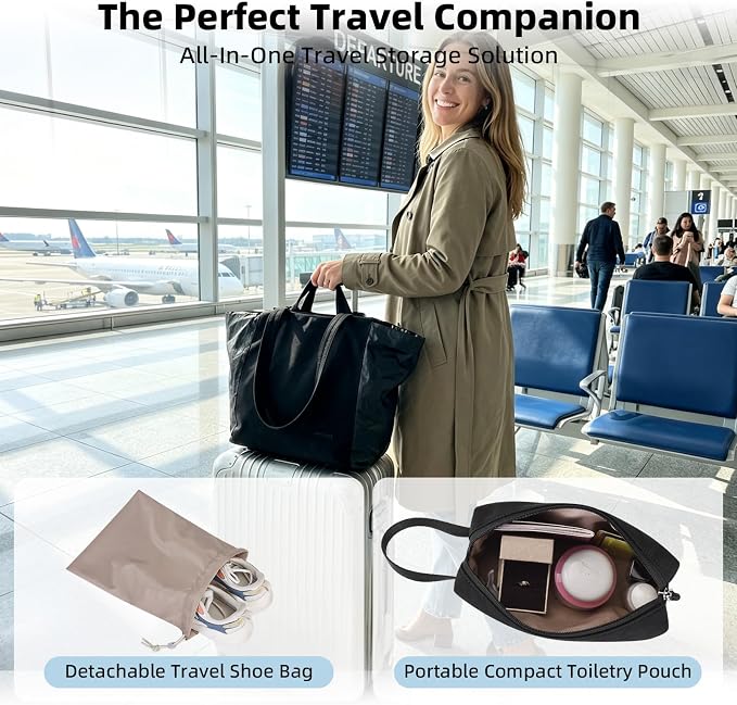 Lightweight Carryall Tote Bag for Women, 25L Expandable Travel Work Bag with Tablet Sleeve, Gym Tote with Yoga Mat Holder & Wet Dry Pocket, 3-Piece Set with Shoe Bag & Cosmetic Pouch (Black) - Image 4