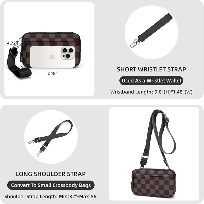 FODOKO Wristlet wallets for Women RFID crossbody bags with 4 Zippers | Checkered quilted nylon with credit card slots, cell phone organizer, and coin purse for travel and everyday carry - Image 3