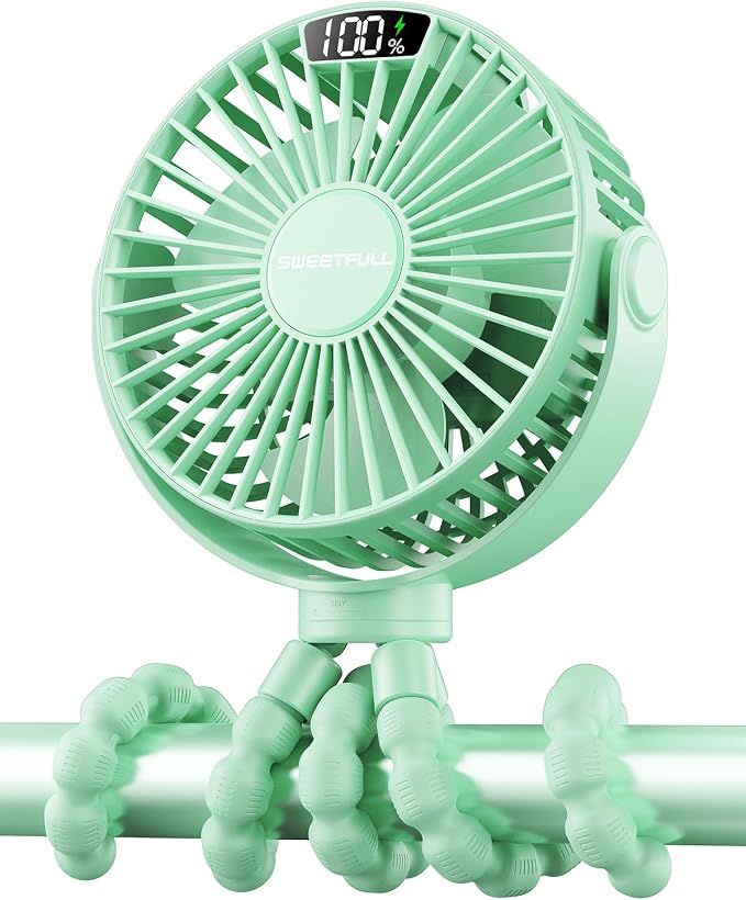 SWEETFULL Portable Stroller Fan with LED Display, 4 Speed Rechargeable Mini Clip On Fan, 360° Rotate Flexible Tripod Better Cooling Small Baby Fan for Car Seat Crib Travel Bike Treadmill (Green) by SWEETFULL