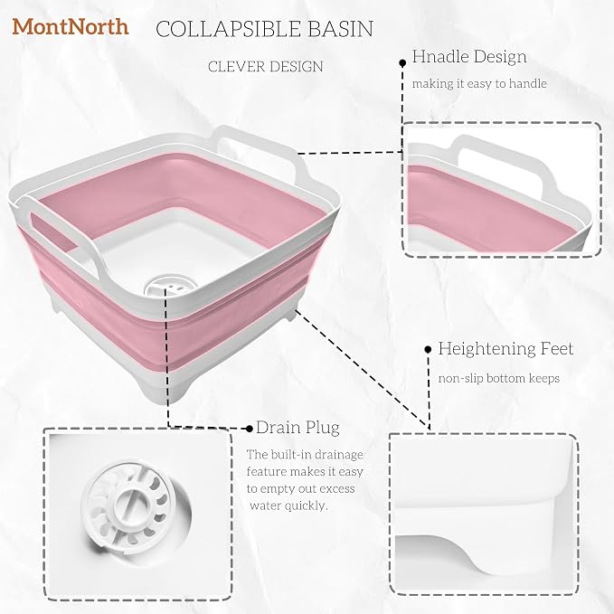 Collapsible Wash Basin 9L, Foldable Dish Tub with Drain Plug, Portable Collapsible Dish Basin, Camping Sink for Washing Dishes, Laundry & Kitchen Use (Pink) - Image 4
