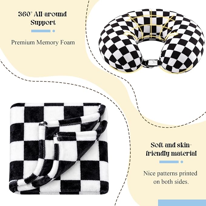 HunnmingRe 5 Pcs Travel Pillow and Blanket Set, 5 in 1 Travel Airplane Compact Includes 40 x 60 Inch Throw Blanket Eye Mask Neck Pillow Earplug and Bag Gifts for Travelers Women(Checkered,Black) - Image 4