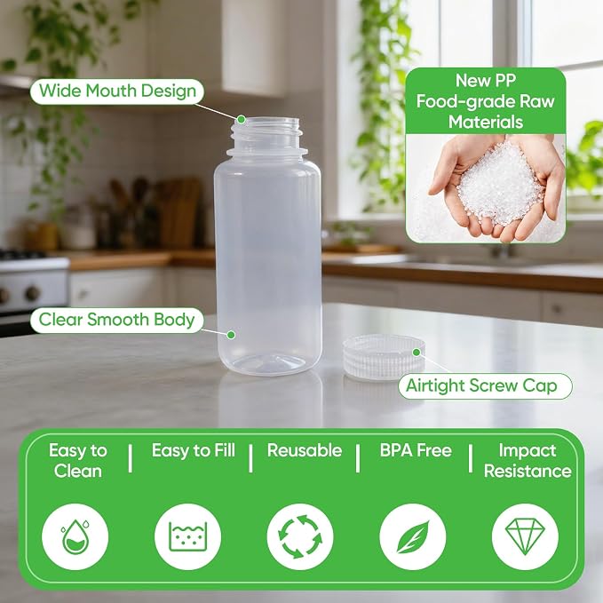 DEMORA 8 oz Plastic Bottles with Lids, Airtight Refillable Wide Mouth Travel Bottles for Toiletries, PP Food Grade Plastic Containers for Liquids Pill Water Sample Lab Reagent (Clear, 2 Pcs) - Image 7