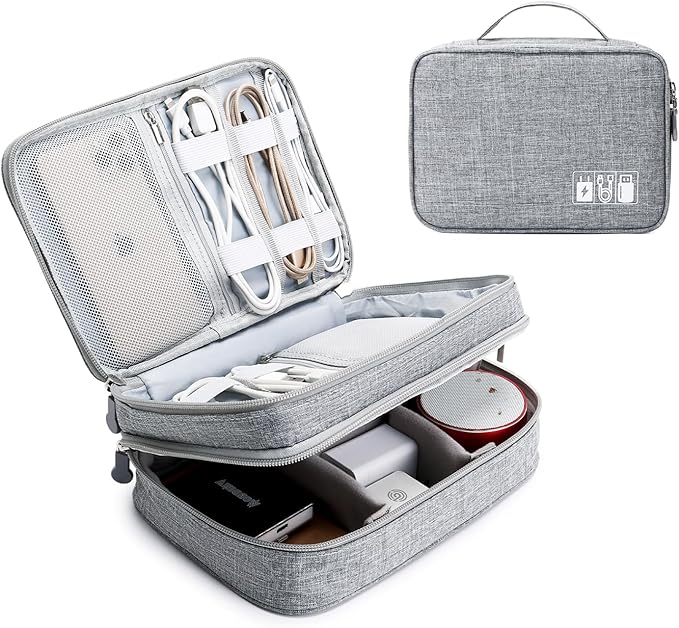 Lanola Travel Cable Organizer Bag, Electronic Accessories Case Portable Double Layer Cable Storage Bag for Cord, Charger, Flash Drive, Phone, SD Card,Personal Items - (Grey) by Lanola