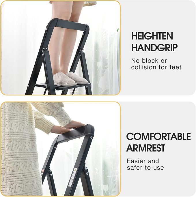 KINGRACK Aluminium 2 Step Ladder, Lightweight Step Stool with Non-Slip Pedals, Handrail, 330LBS Foldable Step Ladder for Kitchen, Garage, Home, Space Saving, Sturdy and Portable, Black - Image 5