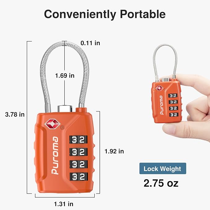 Puroma 2 TSA Approved Luggage Locks 4 Digit Code Cable Lock Robust Orange | Resettable, Flexible Cable, Zipper holes, Zinc Alloy, Bright Color, Large White Numbers, Suitcase Train Travel, laptop bag - Image 3