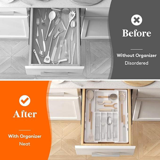 Lifewit Expandable Silverware Drawer Organizer, Utensil Tray for Kitchen | BPA Free Flatware and Cutlery Holder, Adjustable Plastic Storage for Spoons Forks Knives, 8.9-14.2 x 11.3-19.4 x 1.7", White - Image 8