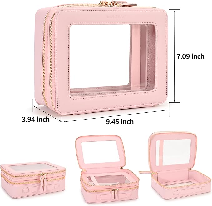 Aveniee XL Clear Makeup Organizer,Double Layer Travel Cosmetic Case with Brush Holder & Zippered Compartments,Big Toiletry Bag for Travel Accessories,2 Layers Large,Pink - Image 2