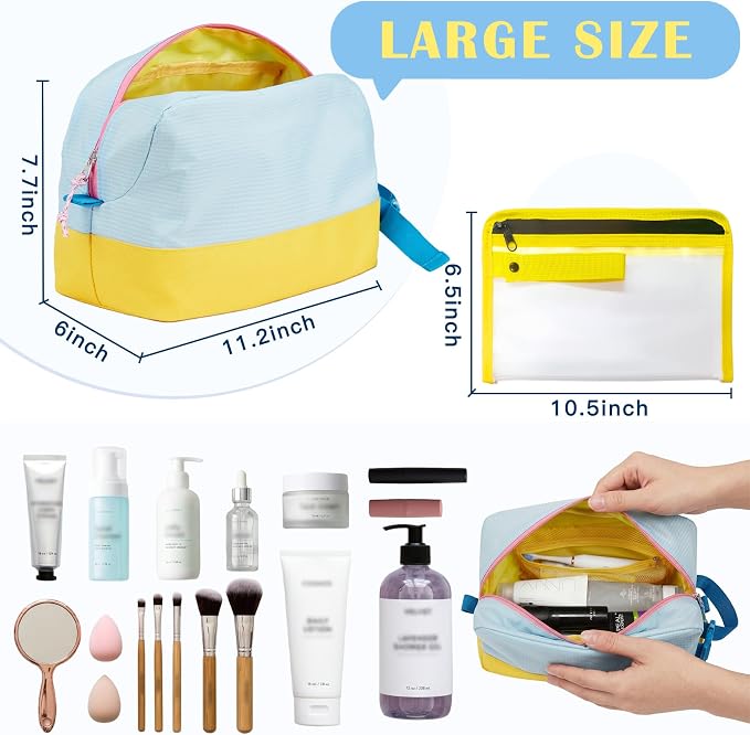 Waterproof Makeup Bag For Women Girls Men,Two-Tone Colorblock Travel Toiletry Bag With Wet Pocket & Removable Transparent Bag, 8L Large Capacity Lightweight Vacation Essentials (Sky Blue+Yellow) - Image 2
