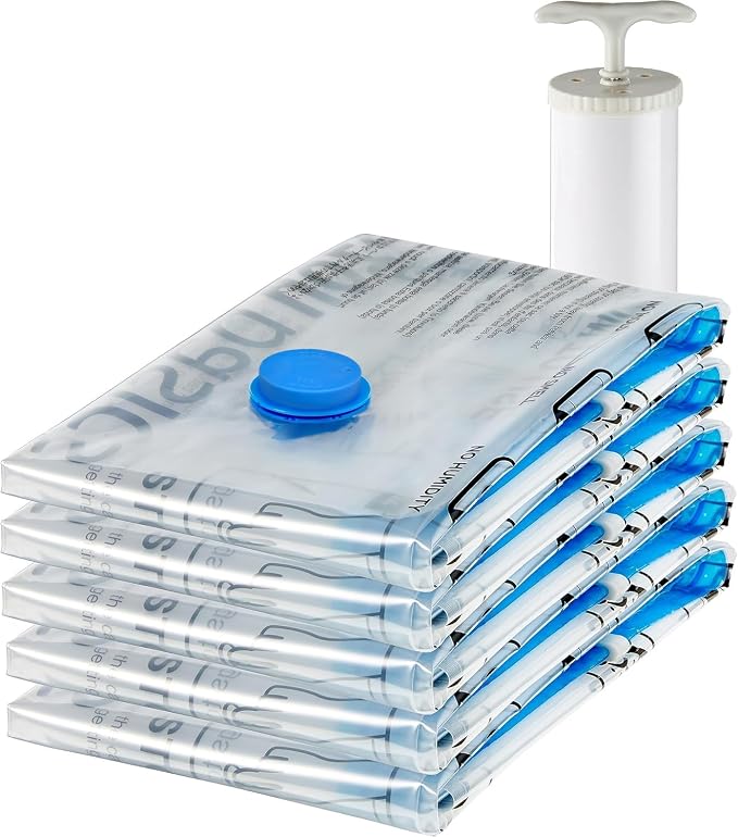 Amazon Basics Vacuum Storage Bags for Clothes, Compression Zipper with Hand Pump, Medium, White, Sky Blue, 5-Pack by AmazonBasics
