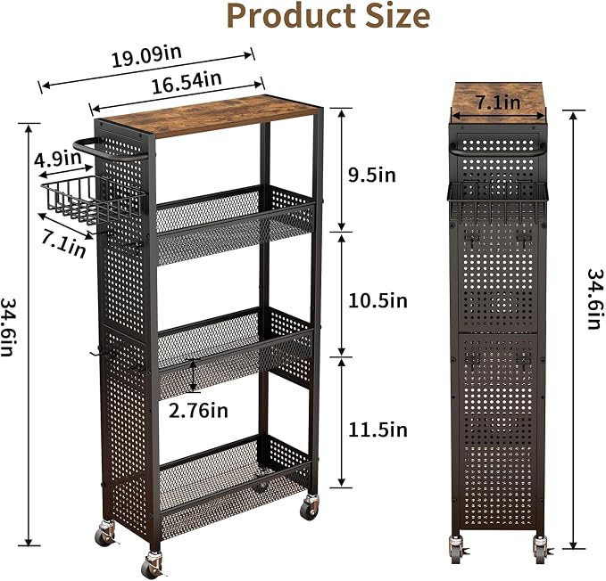 Slim Storage Rolling Cart: 4-Tier Narrow Metal and Wood Utility Cart with Wheels for Kitchen/Laundry/Bathroom(Black) - Image 7