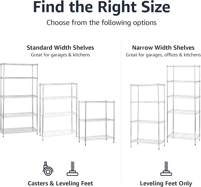 Amazon Basics 5-Shelf Adjustable, Heavy Duty Storage Shelving Unit on 4" Wheel Casters, Easy to Move Portable Wire Shelving, No Tools Needed for Easy Assembly, 30" x 14" x 64.8", Chrome - Image 5