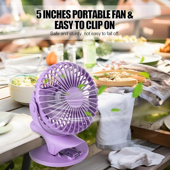 Portable Clip Fan Battery Operated,3 Speeds USB Rechargeable Mini Table Fan with Strong Airflow,360°Rotation Ultra Quiet Personal Desk Fan for Home Office Bedroom Dorm Stroller Camping(Purple) - Image 6
