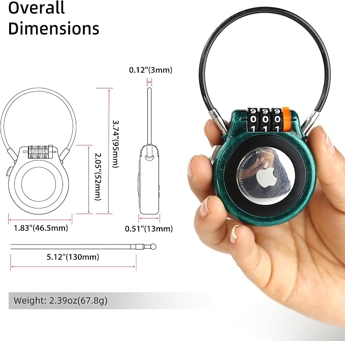 Combination Lock AirTag Holder Compatible with Apple Air Tag, Metal AirTag Case with Steel Cable, Tracker Tag Holder for Luggage Tracking Suitcase Backpack Vehicles Ski Gear Anti Lost - Image 2