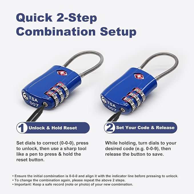TSA Locks for Luggage, Small Padlock Combination with Cable, Luggage Locks TSA Approved, Combo Padlock with Code, for Travel Suitcase, Gym Locker, Gun Case, Backpack Zipper (Black+Blue) - Image 6