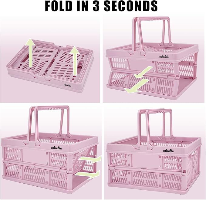 20L Pink Foldable Plastic Storage Crate Collapsible Shopping Basket | plastic baskets with handles for organizing,14.96" x9.84"x 7.87" basket for Trunk Milk Dairy Kitchen,Bathroom,school,office - Image 5
