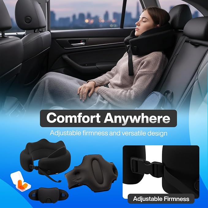 4-in-1 Travel Set – Inflatable Neck Pillow, Convertible Lumbar Support & Foot Hammock, 3D Sleep Mask & Ear Plugs – Complete Comfort Kit for Airplane, Office & Car – Gift-Ready (Black) - Image 8