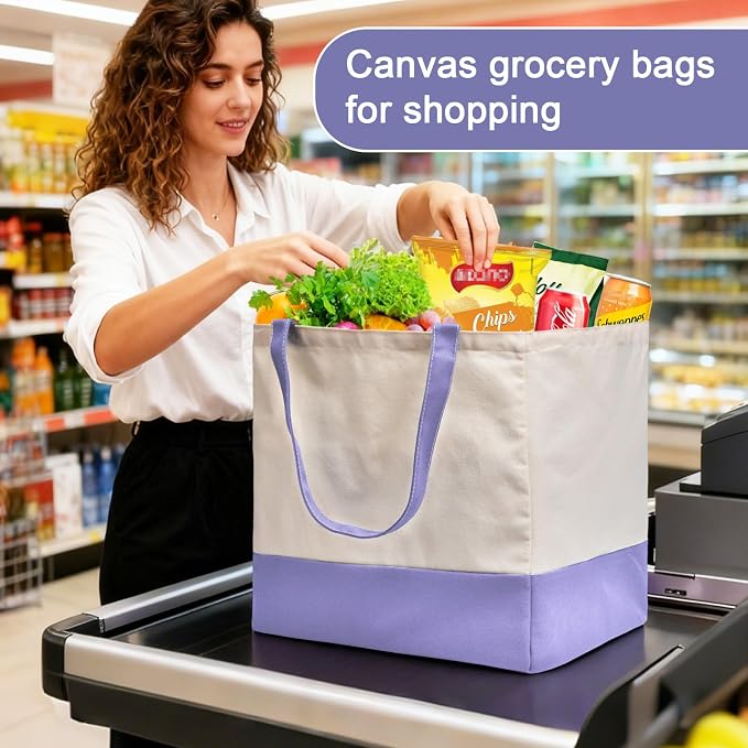 Reusable Grocery Bags Heavy Duty, 8.3 gal Foldable Large Canvas Tote Bag with Handles, Holds 60 lbs Canvas Shopping Bags, 3 Pack（Off White+Light purple） - Image 2