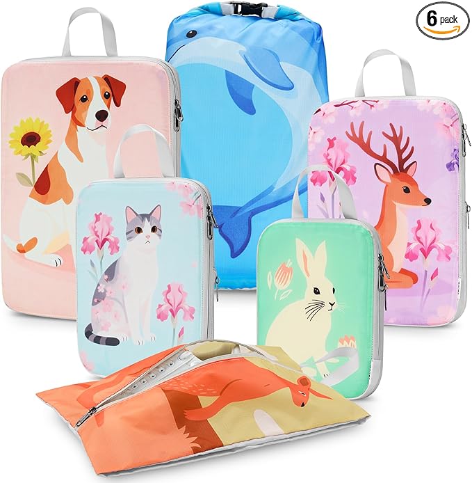 Gonex 6-Piece Compression Packing Cubes with Shoe & Laundry Bags | Unique Printed Design, Ripstop Fabric, Double-Zip Compression, Carry-On Friendly, Lightweight by Gonex
