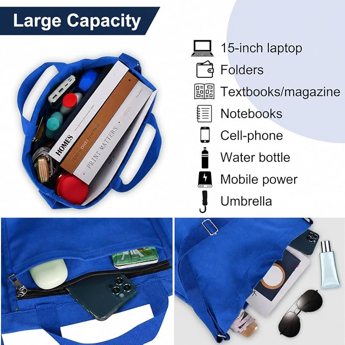 Women's Canvas Tote Bag inside Out Bag with Adjustable Crossbody Strap for Work Travel Shopping Durable Handbag for Men - Image 6