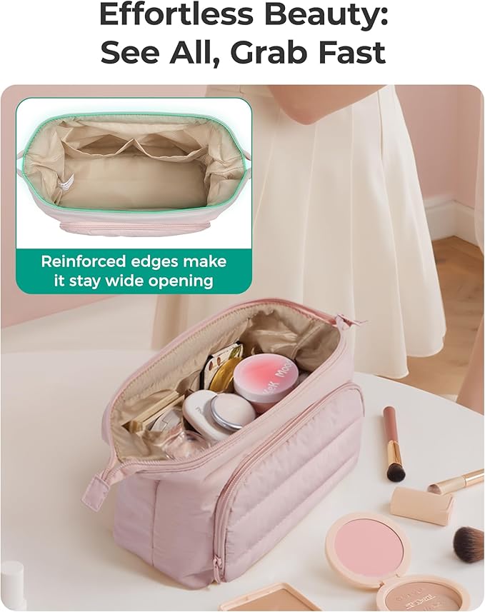 BAGSMART Travel Makeup Bag, Cosmetic Bag Small Make Up Organizer Case,Wide-open Pouch for Women Purse for Toiletries Accessories Brushes,Large Beige - Image 2