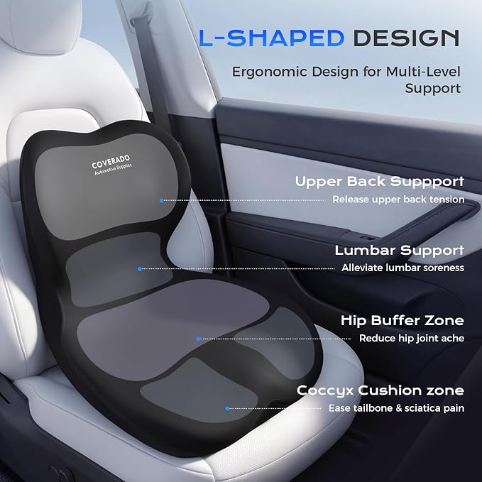 Coverado [Upgraded] Car Seat Cushion and Lumbar Support Pillow One Piece, Memory Foam Ergonomic Back Support Driving Seat Cushion for Back Pain, Non-Slip Washable Cushion for Car, Driver, Office - Image 2