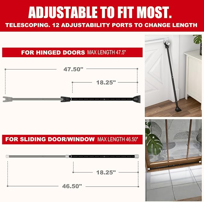SECURITYMAN 3-in-1 Door Security Bar, Security Door Stoppers & Door Barricade – Heavy Duty Adjustable Iron Security Lock Bar for Home Defense, Apartment & Travel Safety (1 Pack - Black) - Image 3