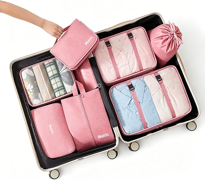 8 Set Packing Cubes for Travel Essentials With Hanging Toiletry Bag for Women, Lightweight Suitcase Organizer Bags with Mackup bag, Carry On Luggage Accessories (Pink) - Image 4