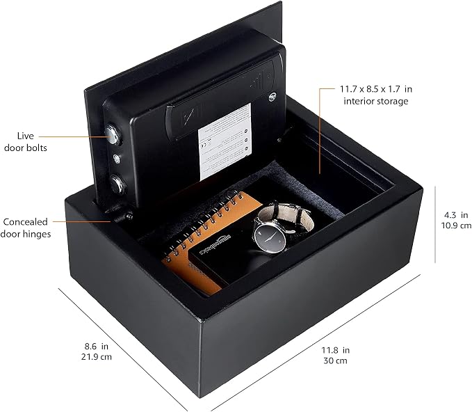Amazon Basics Small Slim Desk Drawer Security Safe with Programmable Electronic Keypad, Secure Quick Access, 0.1 Cubic Feet, Black, 11.8"W x 8.6"D x 4.4"H - Image 8
