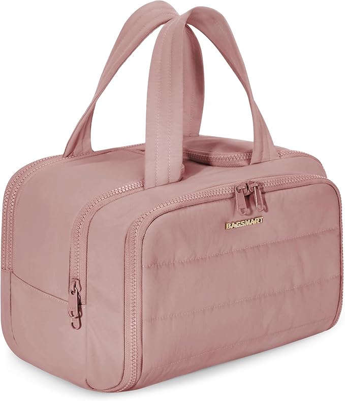 BAGSMART Travel Toiletry Bag, Lightweight Large Wide-open Travel Bag for Women, Puffy Cosmetic Makeup Bag Organizer with Handle for Accessories,Essentials, Toiletries, Dark Pink by BAGSMART