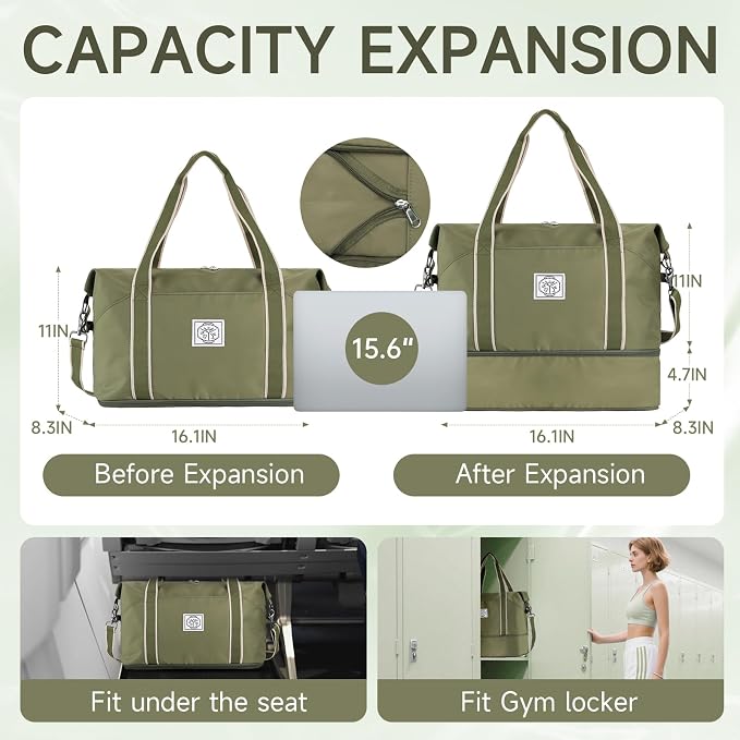 WALNEW Travel Duffel Bag, Weekender Bag for Women Men, Army Green | Overnight Carry On Bag, Foldable Waterproof Gym Luggage with Metal Buckle Detachable Shoulder Strap and Wet Compartment - Image 2
