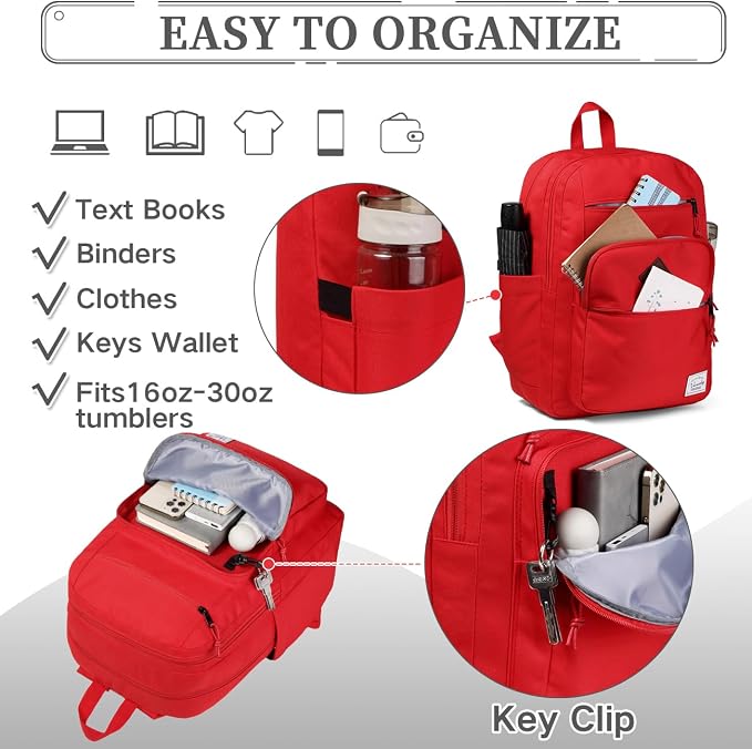 VASCHY School Backpack for Teen Girls, Bookbag Schoolbag Casual Daypack for High School/College/Women/Travel/Work Red - Image 5