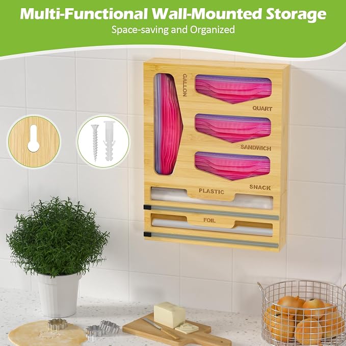 6 in 1 Bag Organizer and Wrap Dispenser with Magnetic Lid - Plastic Wrap Dispenser with Cutter for Kitchen Drawer, Storage for Gallon, Quart, Sandwich, Snack Bags, and Foil Beige - Image 5