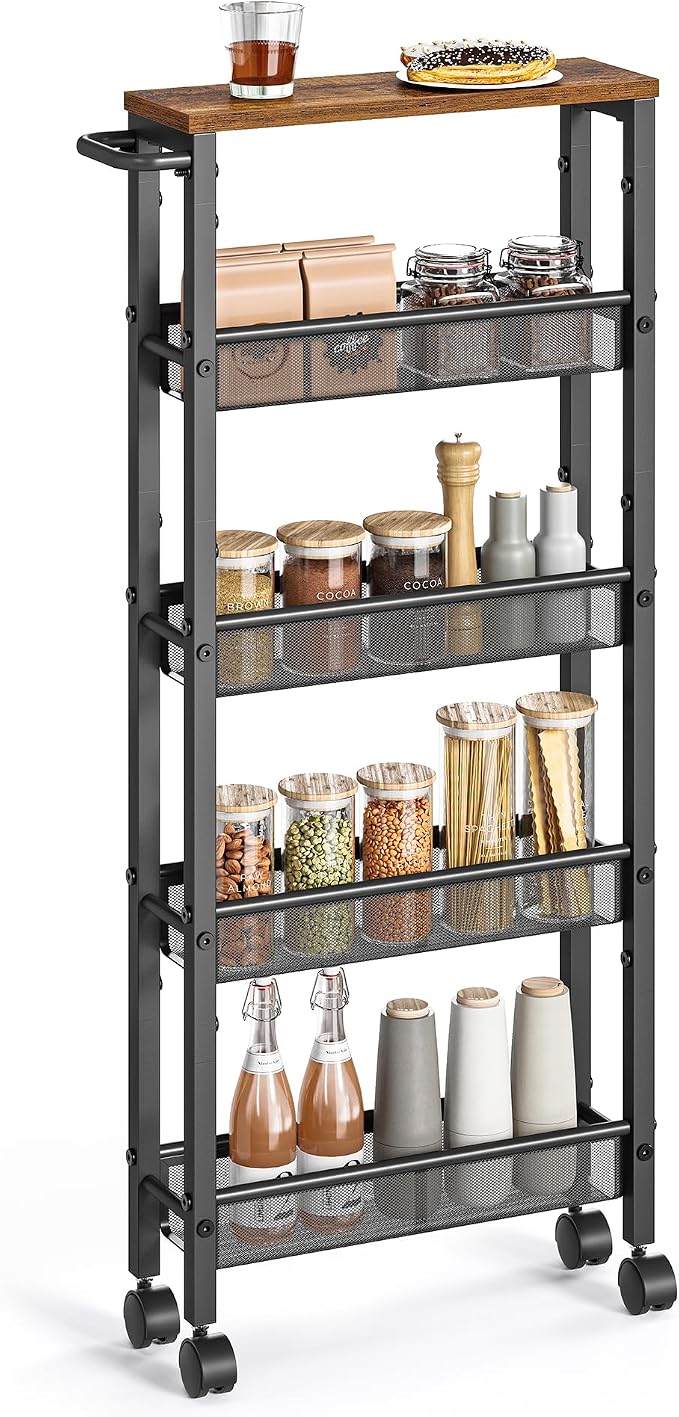VASAGLE Slim Rolling Cart, 5-Tier Storage Cart, Narrow Carts with Handle, 5.1 Inches Deep, Metal Frame, for Kitchen, Dining Room, Living Room, Home Office, Rustic Brown and Classic Black ULRC034B01 by Unknown