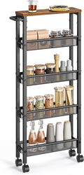 VASAGLE Slim Rolling Cart, 5-Tier Storage Cart, Narrow Carts with Handle, 5.1 Inches Deep, Metal Frame, for Kitchen, Dining Room, Living Room, Home Office, Rustic Brown and Classic Black ULRC034B01 by Unknown
