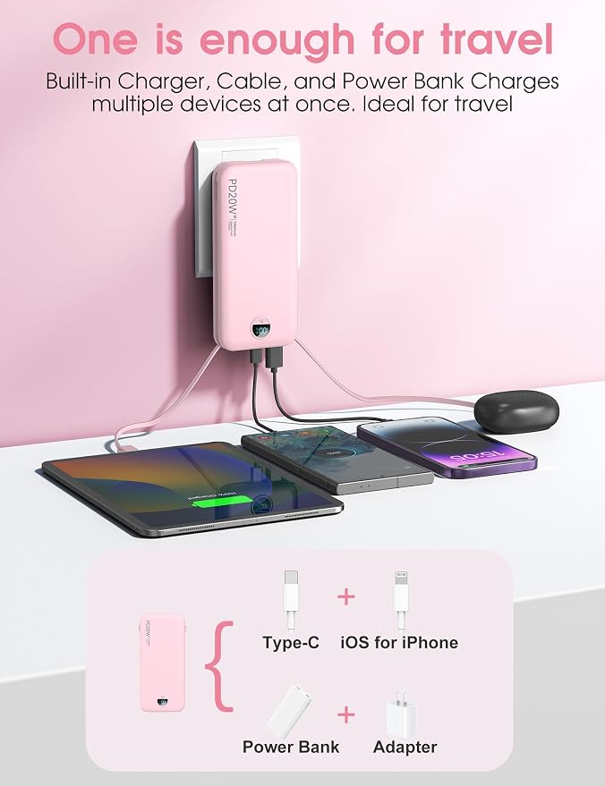 citicr Portable Charger 10000mAh PD20W w/Built-in Cables & Wall Plug Pink | Fast charging, Built-in wall plug, LED display, Charge 5 devices at once, Pass through charging, TSA approved, Pocket size - Image 4