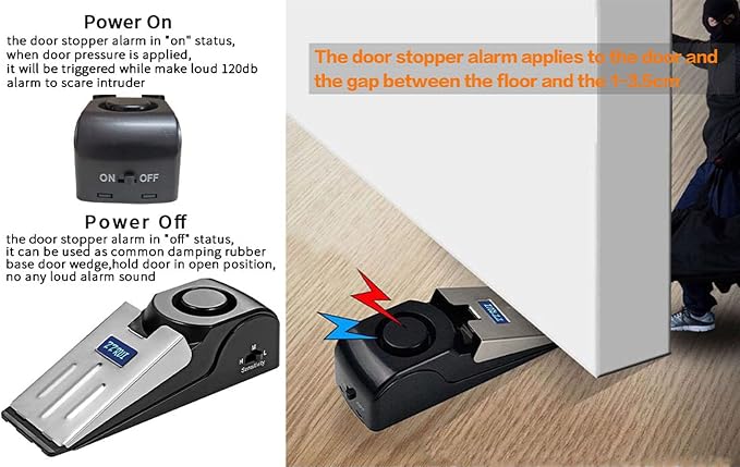 ZZRUI 2 Pack Door Stop Alarm with 120dB Siren, Wedge Door Stopper Security Device for Travel, Apartment, Hotel, Home – Portable Anti-Theft Floor Alarm for Entry Alert & Self Defense, Black - Image 2