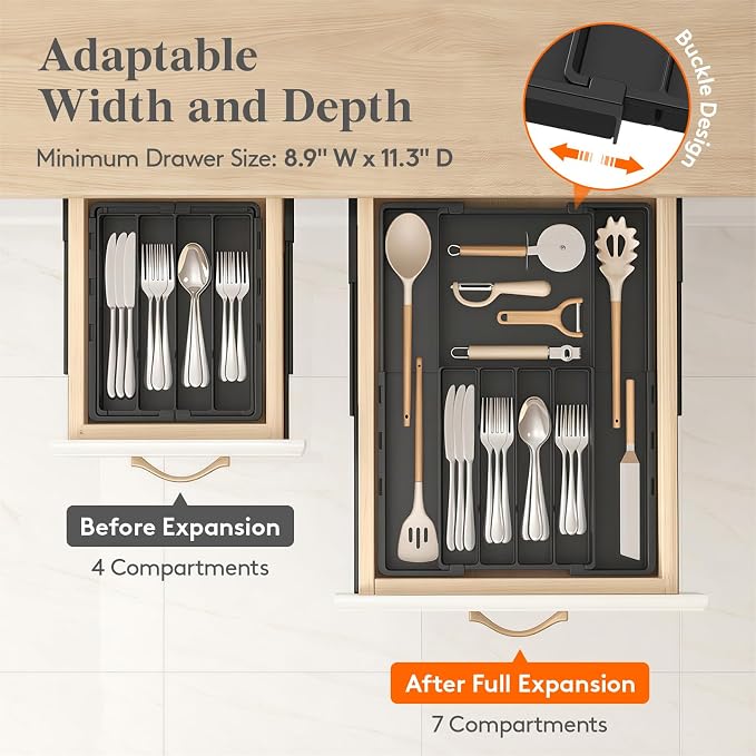 Lifewit Silverware Drawer Organizer, Expandable Utensil Tray for Kitchen | BPA Free Adjustable Flatware and Cutlery Holder, Plastic Storage for Spoons Forks Knives, 8.9-14.2 x 11.3-19.4 x 1.7, Black - Image 6